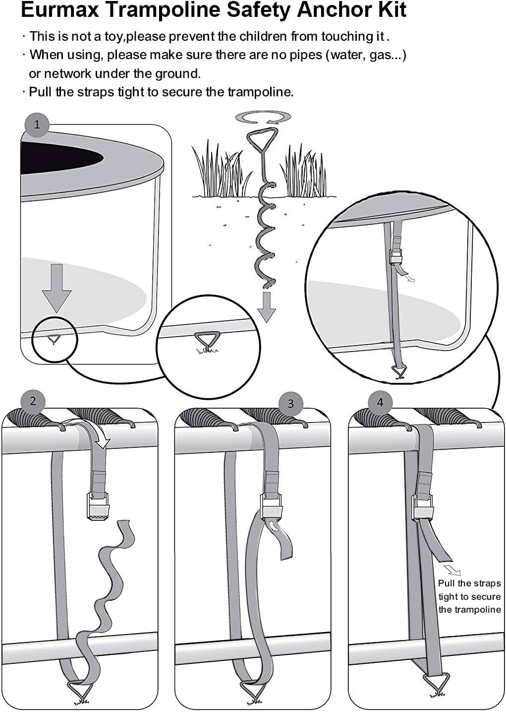 USA Trampoline Stakes Heavy Duty Trampoline Parts Corkscrew Shape Steel Stakes Anchor Kit with T Hook for Trampolines -Set of 4 Bonus 4 Strong Belt,Black