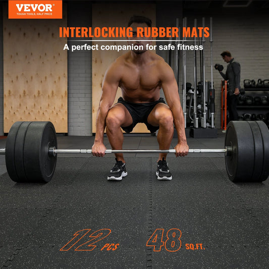 VEVOR 12 PCS 1/2 Inch Thick Gym Floor Mats, 24 X 24 EVA Foam & Rubber Top Interlocking Workout Floor Mats with 48 Sq.Ft Coverage, Waterproof Exercise Puzzle Flooring for Gym, Home, Garage, Basement, Black & Grey