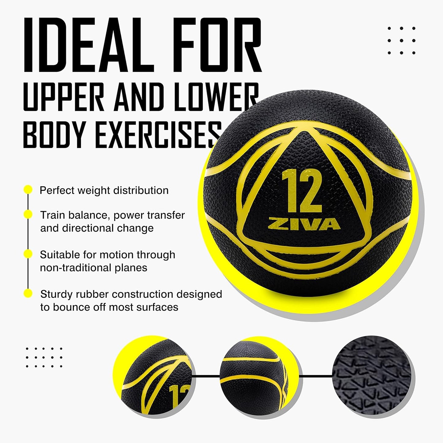 Medicine Ball – Durable Rubber Weighted Ball with Easy-Grip Textured Shell for Core, Balance and Strength Training – Commercial Quality (Black, 4–12 Lb)