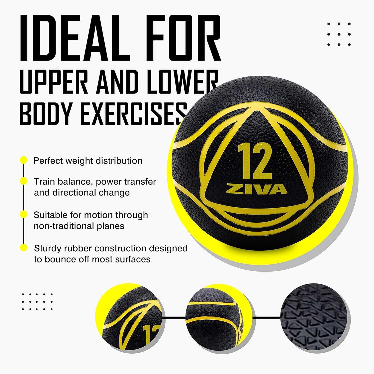 Medicine Ball – Durable Rubber Weighted Ball with Easy-Grip Textured Shell for Core, Balance and Strength Training – Commercial Quality (Black, 4–12 Lb)